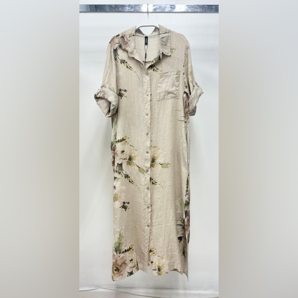 (5-42-MAGNOLIA-BGE) BUTTON DOWN LONG MAGNOLIA FLOWERS LINEN DRESS